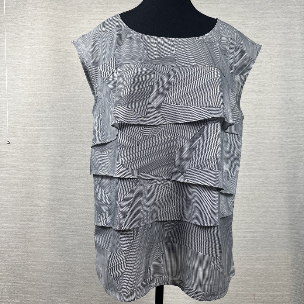 LOFT Women's Layered Ruffle Blouse Large Gray Pinstripe Career Office Top Preppy